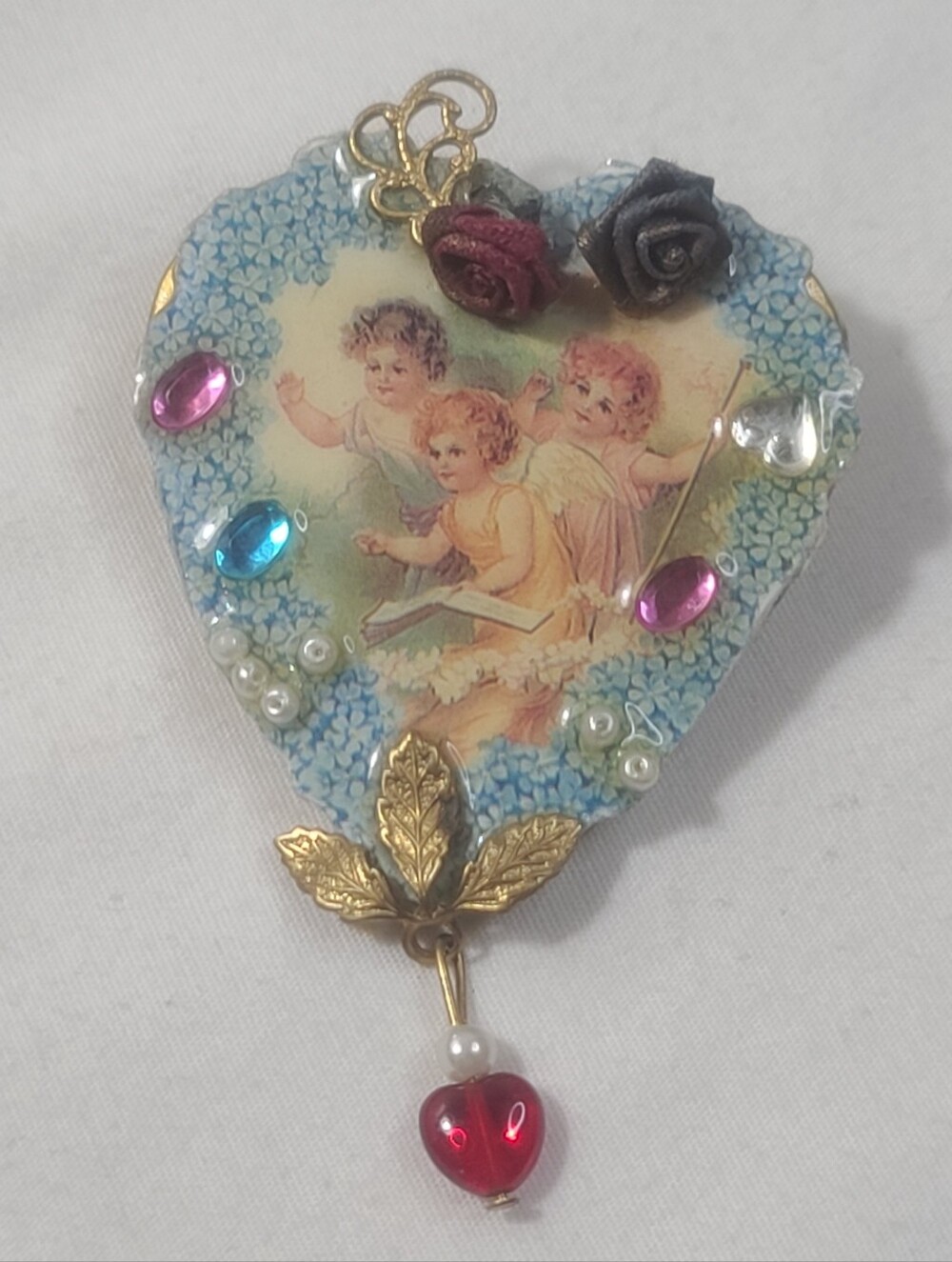 Creations By Frances Cherub Heart Brooch with Blue Floral Pink Accents